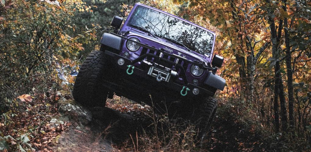 purple jeep on incline in forest